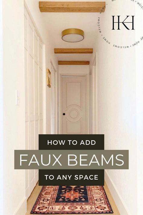 Are you looking for some renovation ideas and you want to DIY your home. Then learn here how to add Faux Beams to any space, whether you want faux beams in hallway or faux beams in entryway or want to add faux beams in bedroom. We will show you how to install faux wood beams in any space or in any room as we have done during our DIY renovations. It is the perfect addition to a historic home renovation Faux Beams In Bedroom, Faux Beam Hallway, Hallway Faux Beams, Faux Beams Bathroom, Bedroom Faux Beams, Wood Beams In Hallway, How To Add Wood To Ceiling, Diy Exposed Beams Ceiling, Wood Beam Hallway