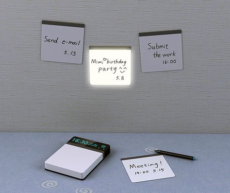 Reminder - Reusable Sticky Note that contains magnetic particles that are brought to the surface by a magnetic pen. Each note can be assigned and alarm that lights the note up to remind you of important events. #stickynote #office #YankoDesign College Guy Gifts, Reminder Post, Mimi Birthday, College Girl Gifts, Super Cool Stuff, Portfolio Book, Stationary Design, Sticky Note, Yanko Design