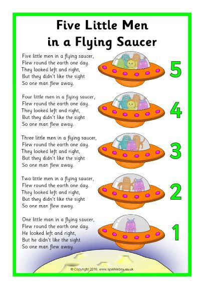 Five Little Men in a Flying Saucer Song Sheet (SB11650) - SparkleBox Number Nursery Rhymes, Space Nursery Rhymes, Space Theme Preschool, Rhymes Lyrics, Transition Songs, Nursery Rhymes Lyrics, Space Week, Space Lessons, Space Preschool