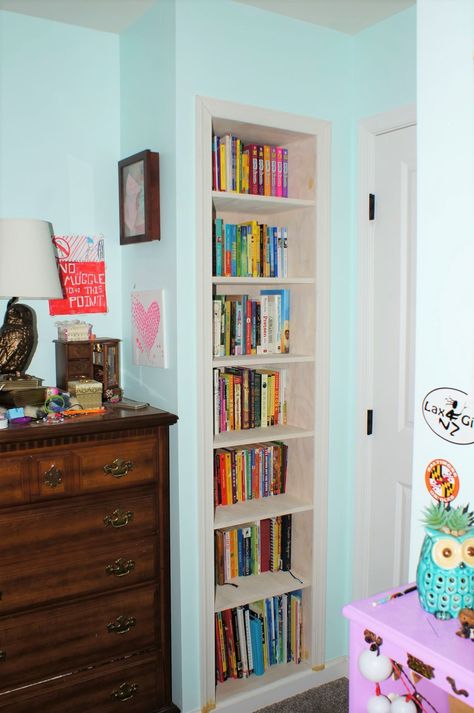 Use that Hidden Wall Space for a Recessed Bookcase » Cathartic Crafting Recessed Wall Bookshelf, Bookshelf Inside Wall, Wall Insets Ideas, Storage In Wall Studs Built Ins, Hidden Storage Behind Picture Frame, Inset Shelves In Wall Bedroom, Hidden Room Behind Bookshelf, Shelf Built Into Wall, Wall Inset Ideas