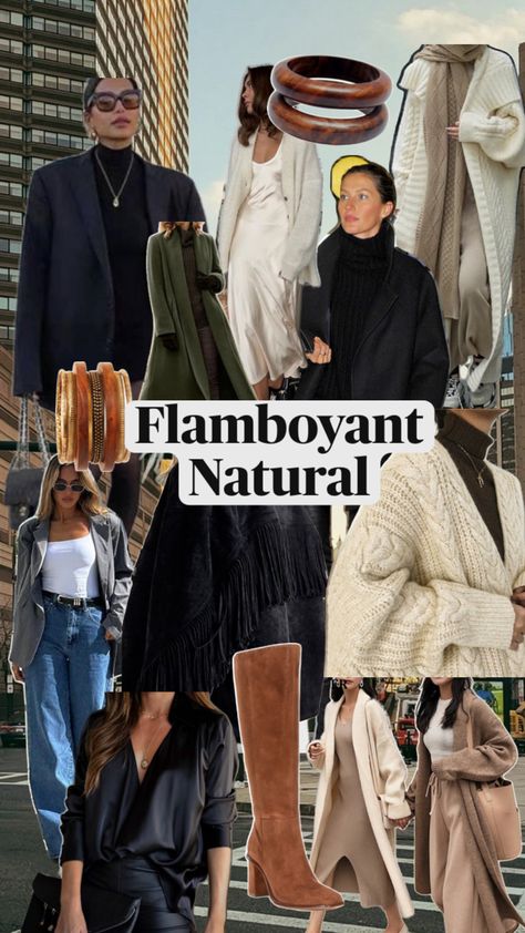 Flamboyant Natural: This type is characterized by relaxed yet dramatic style. Natural Kibbe Body Type, Flamboyant Natural Kibbe, Natural Kibbe, Flamboyant Natural, Dramatic Style, Fashion Mood Board, Fall Wear, Color Analysis, Natural Style