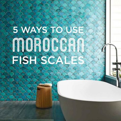 Moroccan Fish Scales are timeless and are very high in demand. We have rounded up some of our favorite inspiration to show you 5 different ways to use Moroccan Fish Scales!    1. Navy Deep Blues  Apartment Therapy Fish Scale Tile Bathroom, Moroccan Fish, Mermaid Tile, Moroccan Fish Scale Tile, Moroccan Fish Scale, Fish Tiles, Mercury Mosaics, Fish Scale Tile, Artisan Tiles