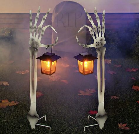 Halloween Skeleton Arm Metal Stakes with Solar Lanterns, Set of 2 Skeleton Arm, Solar Powered Lanterns, Lantern Set, Flickering Lights, Solar Lanterns, Skeleton Hand, Lanterns Decor, Garden Stakes, Outdoor Solar