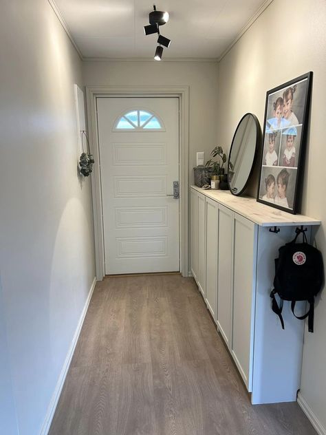 Ikea tips, hacks and more! | This for you guys that have a long and narrow hallway… we used billy/oxberg cabinets with doors as shoe storage, painted them in the same color as t... Ikea Havsta Hallway, Ikea Narrow Hallway, Hallway With Cupboards, Front Entryway Ideas Shoe Storage, Ikea Billy Hallway, Storage In Narrow Hallway, Built In Shoe Storage Entrance, Hallway Narrow Storage, Storage For Narrow Hallway