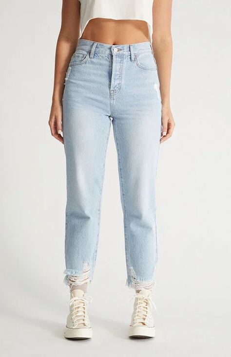 Eco Light Blue Ripped High Waisted Straight Leg Jeans Ripped Boyfriend Jeans Outfit, Mommy Jeans, High Waisted Baggy Jeans, Boyfriend Jeans Outfit, High Waisted Straight Leg Jeans, Jeans Pacsun, Blue Mom Jeans, Black Mom Jeans, Wardrobe Capsule