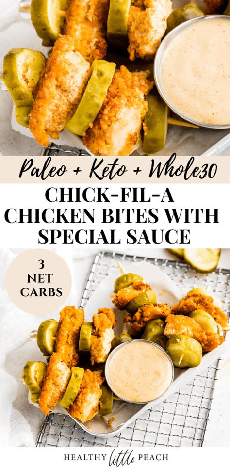 The BEST Chick-fil-A Bites that taste identical to the real thing. To top it off, this Special Sauce is LIFE. Not only are these bites kid friendly, but they are also Whole30, Keto and Gluten Free. Whole 40 Recipes, Paleo Recipes Family Friendly, Whole 30 Smoker Recipes, Whole 30 Super Bowl Food, Quick And Easy Paleo Recipes, Whole 30 Chips, Whole 30 On The Go, Whole 30 Casserole, Easy Whole 30 Lunch