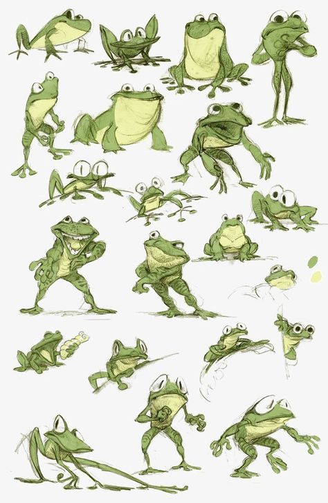 Green Frogs, Cartoons Characters, Frog Illustration, Frog Drawing, Frog Art, Poses References, Animal Sketches, Character Design References, Pen Drawing