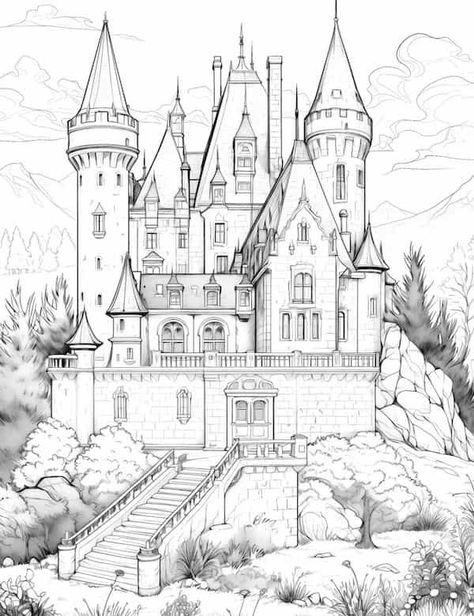 Realistic princess castle coloring page Castle Drawing Sketches Design Reference, Fantasy Castle Drawing, Medieval Castle Drawing, Easy Castle Sketch, Draw Castle, Inside A Castle Drawing, Drawings Of Castles Sketches, Castle Outline Drawing, Illustration Castle