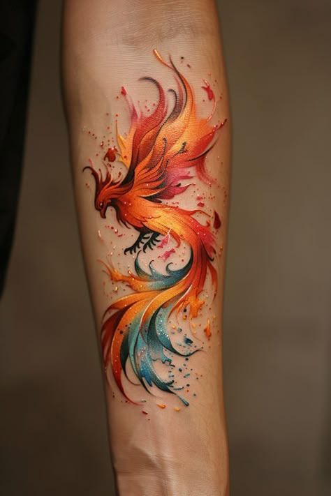 Phoenix Tattoo Design Colored, Phoenix Colored Tattoo, Purple Phoenix Tattoo, Phoenix Aesthetic Bird, Color Phoenix Tattoo, Blue Color Tattoo, Gold Dragon Tattoo, Colored Dragon Tattoo, Japanese Phoenix Tattoo Design