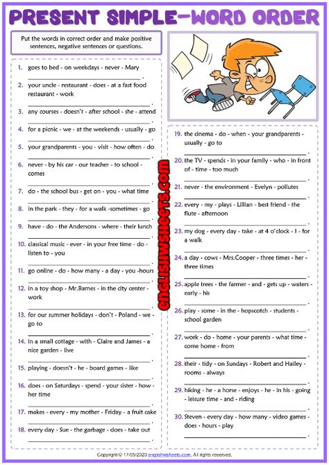 Put The Sentences In Order, Esl Grammar Worksheets, Simple Present Tense Questions, Sentence Construction Worksheets, Make Sentences Worksheet, Simple Tenses Worksheets, Word Order Worksheets, Present Simple Tense Worksheet, Word Order In Sentences