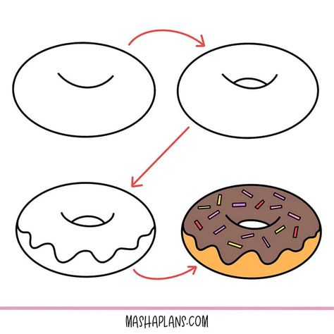 How To Kawaii Drawings, How To Draw Desserts, Easy Birthday Doodles, Donut Drawing Easy, Cookie Drawing Easy, Easy Food Drawings, Pretzel Drawing, Easy Cute Doodles, Donut Doodle