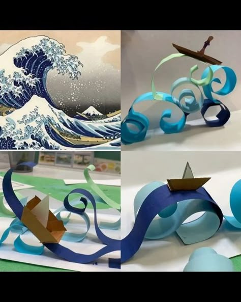 Japanese Woodcut, 2nd Grade Art, Woodcut Print, 3rd Grade Art, Paper Sculptures, The Great Wave, Kids Art Class, Kid Art, Art Lessons For Kids