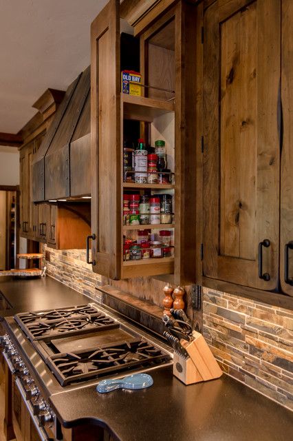 Grand Lake Getaway - Rustic - Kitchen - Denver - by Alpine Lumber | Houzz Rustic Open Kitchen Cabinets, Western Rustic Kitchen, Rustic Hickory Kitchen Cabinets Ideas, Rustic Pine Kitchen Cabinets, Rustic Kitchen Wood Cabinets, Rustic Wood Cabinets Kitchen, Western Kitchen Ideas Rustic, Walnut Kitchen Cabinets Farmhouse, Rustic Kitchen With Island