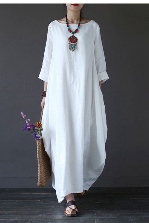 White Bat Sleeve Causel Long Dress Plus Size Oversize Women Clothes 1638 - FantasyLinen Holiday Maxi Dress, Boho Mode, Stil Boho, Loose Maxi Dress, Casual White Dress, White Cotton Dress, Mode Boho, Vestido Plus Size, Cotton Linen Dresses