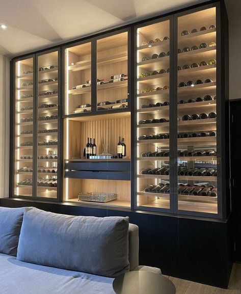 Wine Wall Living Room, Modern Wine Bar Design, Modern Wine Bar, Modern Wine Cellar, Wine Wall Display, Wine Cellar Wall, Modern Wine Storage, Contemporary Wine Cellar, Wine Room Design