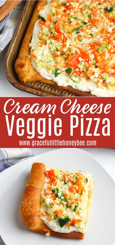 Try this Cream Cheese Veggie Pizza made with crescent roll dough for a delicious and filling easy summer meal. Find full recipe details at gracefullittlhoneybee.com Superbowl Sunday Food, Crescent Roll Veggie Pizza, Cream Cheese Pizza, Easy Summer Meal, Cheese Pizza Recipe, Crescent Roll Pizza, Apple Fritter Bread, Summer Meal, Veggie Pizza