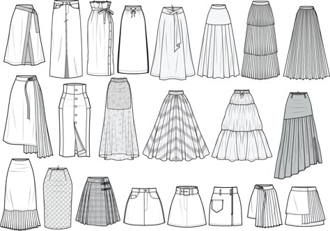 Pleated Skirt Fashion Illustration, Casual Clothing Drawing, Fashion Design Sketches Templates, Model Dresses Drawing, How To Draw Fashion, Fashion Flat Sketches Technical Drawings, Long Skirt Sketch, Skirt Sketches Fashion Drawings, Fashion Illustration Skirt