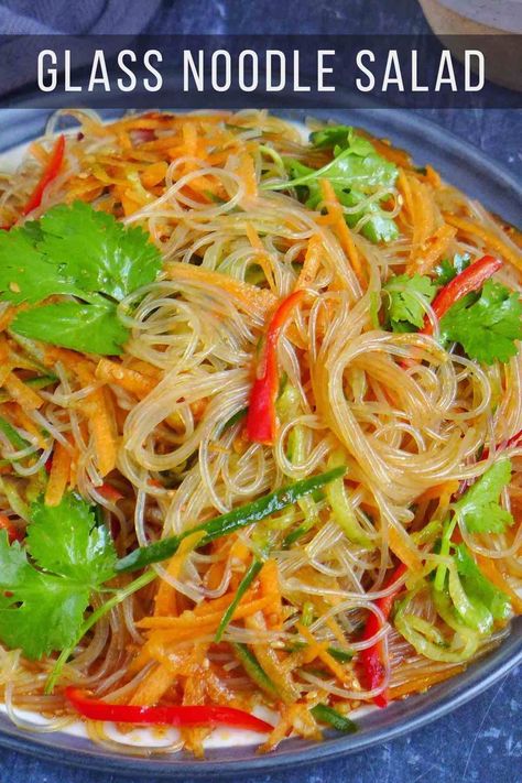 A popular Chinese appetizer, glass noodle salad combines springy noodles, crunchy vegetables and a mouthwatering dressing. It’s vegan and gluten-free adaptable. Japanese Glass Noodle Salad, Glass Noodle Salad Recipes, Chinese Glass Noodle Recipes, Recipes With Glass Noodles, Chinese Noodle Salad, Glass Noodle Recipes, Thai Glass Noodle Salad, Monthly Meals, Glass Noodles Recipe