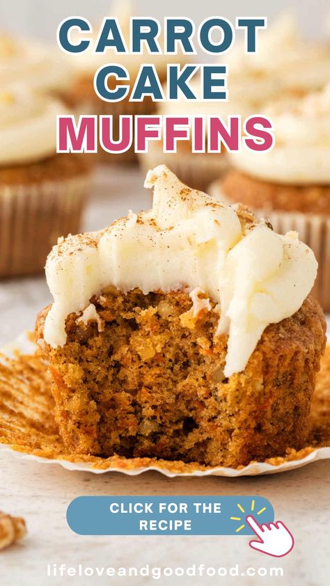 Moist Carrot Cake Muffins with fresh carrots, warm spices, and tangy cream cheese frosting burst with carrot cake flavor in every bite! You'll have trouble deciding whether to serve them for brunch or dessert! Carrot Cake Muffins Healthy Greek Yogurt, Carrot Snack Cake, Carrot Cake Cupcakes Easy, Cream Cheese Carrot Cake Muffins, Buttermilk Carrot Muffins, Carrot Cake Recipe Muffins, Hawaiian Pineapple Carrot Muffins, Muffins With Carrots, Baked Carrot Recipes