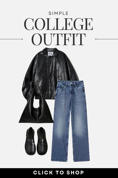 Simple College Outfits, Style A Leather Jacket, Spring Outfits College, Trendy College Outfits, Outfit Ideas School, College Outfits Comfy, Leather Jacket Outfit, College Outfits Winter, College Outfits Summer