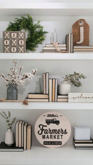 12 Expert Shelf Decor Ideas - How To Style Them Like A Pro | The Unlikely Hostess Shelf Decor Ideas, Farmhouse Shelves Decor, Model Dapur, Shelf Decor Living Room, Decorating Bookshelves, Bookcase Decor, Farmhouse Shelves, Room Shelves, Decorating Shelves