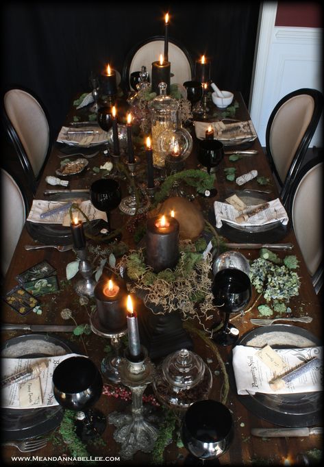 Witches Dinner Party | Elegant Gothic Halloween Table Decor | Candlelit Dinner | Dark & Moody Ambience |Crystal Balls | Apothecary Jars | Spell Napkins | Rune Stone Wine Charms | Antique Candle Holders | Skull Centerpiece | Black Candles | Enchanted Forest | Goth Home Décor | Samhain Feast Menu | www.MeandAnnabelLee.com Witches Dinner Party, Witches Dinner, Gothic Dinner, Spooky Dinner, Halloween Table Settings, Elegant Halloween Decor, Table Halloween, Annabel Lee, Witch Party