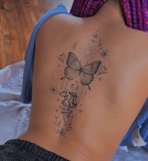 Butterfly Mushroom Spine Tattoo Floral Back Tattoos, Tato Minimal, Petite Tattoos, Spine Tattoos For Women, Tattoos For Black Skin, Pretty Tattoos For Women, Dope Tattoos For Women, Cute Tattoos For Women, Spine Tattoo