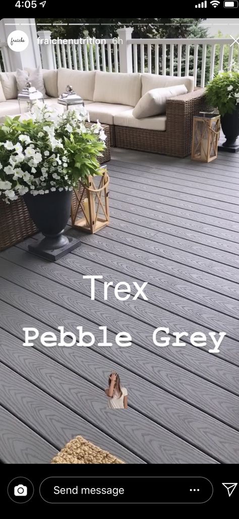 Trex pebble gray Trex Pebble Gray, Pebble Gray Trex Deck, Trex Pebble Grey Deck, Trex Deck Carmel, Grey Deck Decorating Ideas, Gray Deck Ideas, Grey Decking Ideas, Dark Grey Deck, Dark Wood Decking