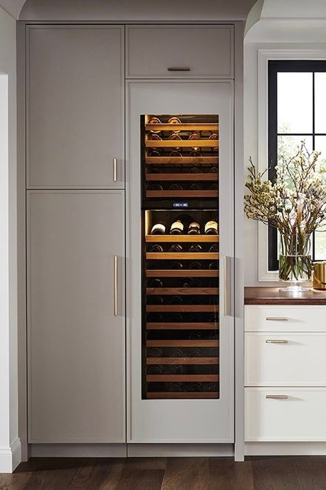 Wine Fridge Next To Refrigerator, Kitchen Wine Cooler Ideas, Home Wine Storage, Kitchen With Wine Rack, Built In Wine Fridge Living Room, Wine Refrigerator In Kitchen, Wine Storage Kitchen Cabinets, Kitchen Wine Cooler, Wine Cooler Kitchen