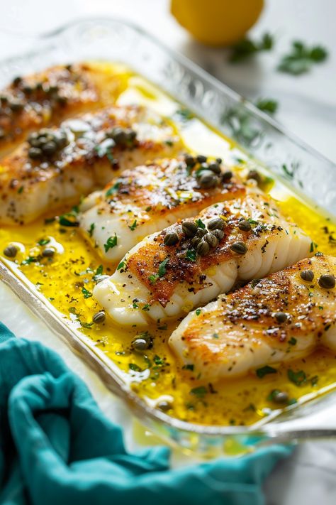 Keto Cod Piccata with Capers and Lemon Butter - I Eat Keto Keto Garlic Butter Fish, Cod Fish Recipes With Capers, Cod Picatta Recipe, Cod With Capers Recipes, Dishes With Capers, Lemon Caper Fish Recipe, Tilapia With Capers And Lemon, Seafood And Veggie Meals, Butter Poached Halibut