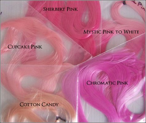 https://flic.kr/p/8ZkoXg | Saran hair pink colors for reference. | Mystic Pink to White is very close to Sherbert pink in color. It turns white with heat, passing by a slightly bluer cupcake pink while warm. Cotton candy really is as fleshy as it looks in the photo. Whimsical Hairstyles, Candy Pink Hair, Cotton Candy Pink Hair, Cupcake Pink, Cotton Candy Hair, Blue Cupcakes, Candy Hair, White Cupcakes, Ginger Hair Color