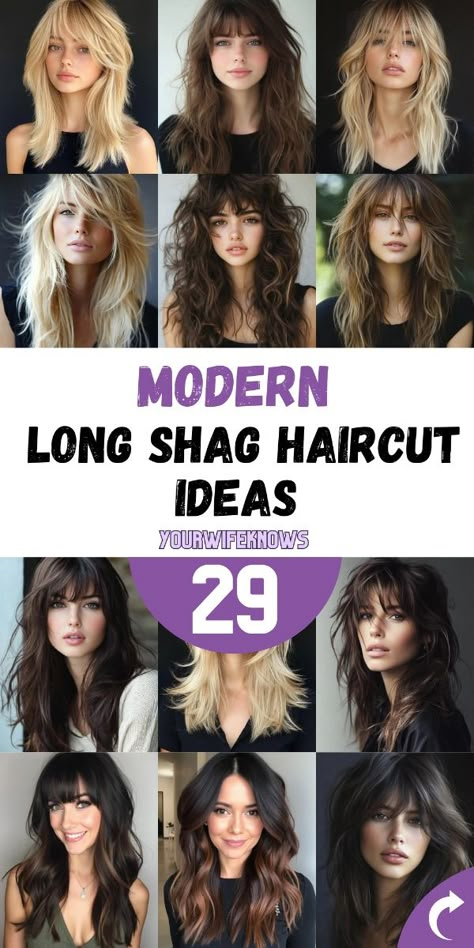 Say goodbye to dull hair with these 29 shag haircut ideas for long hair! Whether you prefer straight, curly, or wavy textures, these modern shag haircuts will bring your long locks to life. Opt for layers to create movement or try out curtain bangs for a touch of retro flair. These shaggy styles work wonders for fine hair too, giving it a fuller, more voluminous appearance. Discover the perfect cut for your hair type and style. Long Haircuts With Volume On Top, Shaggy With Bangs Long, Shag Straight Hairstyles, Shaggy Long Layers With Bangs, Long Shag Haircut With Face Framing, Long Shag For Straight Hair, Long Shag For Curly Hair, Shag Haircut Long Wavy Hair, Face Framing Layers Shag