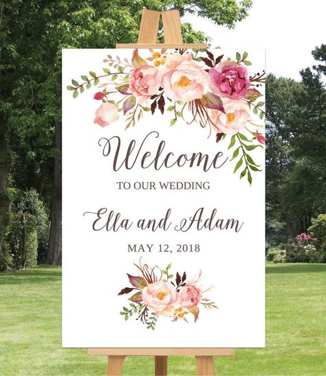 Wedding Welcome Sign Template, Wedding Welcome Sign Printable,  Wedding Sign, 16x20, 18x24, 24x36, Blush Pink Floral, Wedding Welcome  Poster See more party ideas and share yours at CatchMyParty.com #catchmyparty #partyideas #rusticweddingsign Diy Wedding Welcome Sign, Wedding Signage Template, Bridal Shower Decorations Elegant, Bride Sign, Wedding Welcome Board, Deco Champetre, Dekor Diy, Welcome Sign Template, Welcome Banner