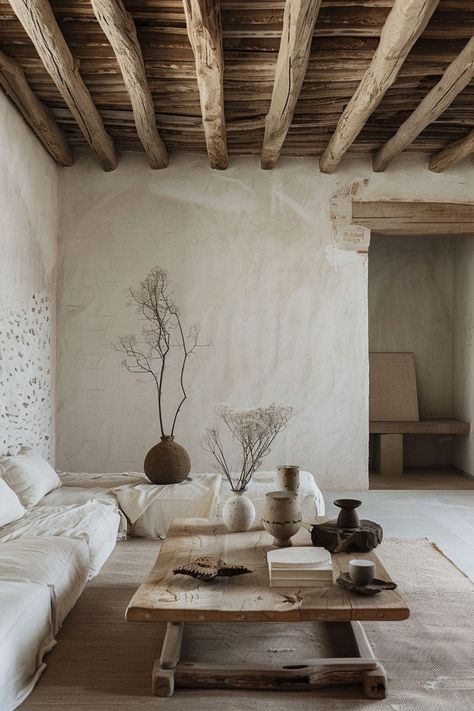 Mediterranean Minimalism, Wabi Sabi Living Room, Wabi Sabi Living, Minimal Rustic, Furniture Coffee Table, Coffee Table Sofa, Rustic Mediterranean, Rustic Minimalist, Mediterranean Interior