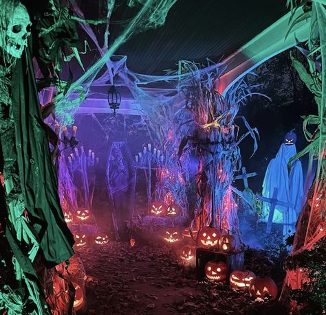 Bright Halloween Aesthetic, Halloween Decor Colorful, Huge Halloween Party, Halloween Dance Floor, Halloween Neon Aesthetic, Halloween Festival Aesthetic, Scary Halloween Aesthetic, Halloween Ballroom, Basement Halloween Party