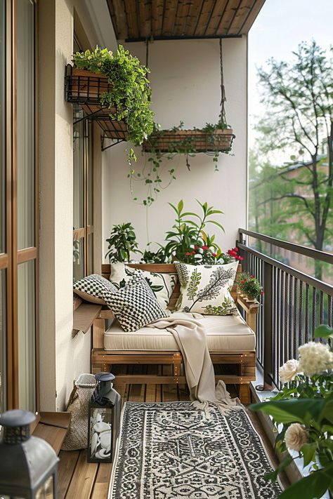 Cozy small balcony seating design featuring lush plants, comfortable pillows, and a stylish rug, perfect for relaxing outdoors. Rental Friendly Balcony Makeover, Narrow Balcony Garden, Small Balcony Seating Ideas, Balcony Bench Ideas, Small Balcony Bench, Cheap Balcony Ideas, Balcony Bench Seating, Decorate Small Balcony, Mini Balcony Ideas Apartment