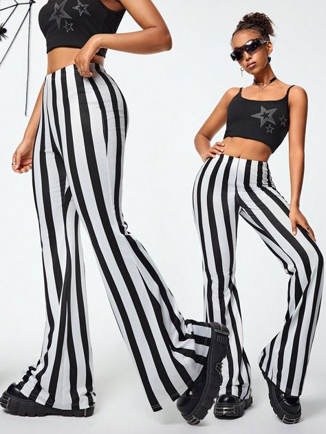 SHEIN Coolane Women's Fall Dark Academia Goth Y2k Black And White Stripes Bell Bottoms For Halloween OutfitsI discovered amazing products on SHEIN.com, come check them out! Goth Academia Outfit, Fall Dark Academia, Dark Academia Goth, Y2k Black And White, Casual Goth, Goth Y2k, Black And White Fabric, Halloween 2024, Flare Leg Pants