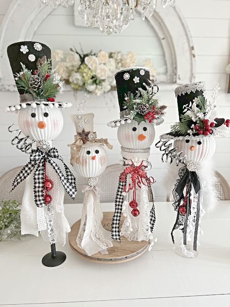 Crafty Snowman Copy - Junk Chic Cottage Dollar Tree Sock Snowman, Diy Christmas Angel Ornaments Ideas, Snowman Christmas Ornaments Diy Kids, Dollar Tree Christmas Snowman, Snowman Centerpiece Ideas Diy Christmas, Snowman Head On Candlestick, Diy Rustic Snowman, Wine Bottle Snowman Crafts Diy, Dt Christmas Craft