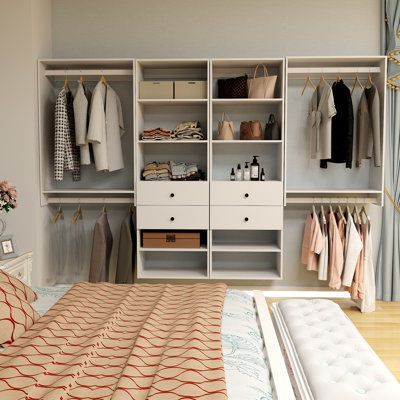 This white modular closet system with drawers is made of solid manufactured wood which comes with high-quality eco-friendly materials and white finishes.Our wall-mounted designed closet organizer and storage system, which is perfect for walk-in closets and any reach-in areas, allows you to maximize storage space and leverage vertical space in your home.With 10 fixed closet shelves, 4 full extension drawers and 4 sturdy hanging rads, our wood closet organizer system kit unit provides plenty of st Fixed Wardrobe Design, Closet Set Up, Wall Closet Ideas Bedroom, Deep Narrow Closet Ideas, Floor To Ceiling Closet, Closet System With Drawers, Small Walkin Closet, Modular Closet System, Walkin Closets Design