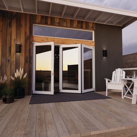 Reimagine your indoor-outdoor spaces with the F-4500 2-Panel folding fiberglass patio door. These contemporary folding patio doors are designed to fit in any standard sized patio door opening, making this upgrade a great solution for your next home project. Outfitted with more glass and a slimmer frame, these patio doors include features that go above and beyond your typical patio door offering. We’ve taken the design one step further with a contemporary lock set and a multipoint lock system for added security. JELD-WEN F-4500 108-in x 80-in x 5-5/8-in Jamb Low-e Primed Fiberglass Folding Left-Hand Folding Patio Door in White | LOWOLJW251900016 3 Door Patio Slider, Folding Back Doors, Sliding Door Ideas Patio, Slider Doors Ideas, Outdoor Patio Door Ideas, Backyard Doors Ideas Patio, Bifold Patio Doors With Screens, Panoramic Doors Patio, Accordion Doors Patio