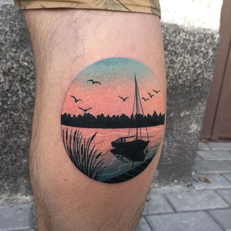 summer view from yesterday 🌅 #summer #summerview #landscapetattoo #colortattoo #legtattoo #boattattoo #tattooart #tattoo #tattooidea #sunset #sunsettattoo #foresttattoo #laketattoo #txttoo #ink #warsawtattoo #pinkmachinetattoo Water Tattoos, Lake Tattoo, Circular Tattoo, Boat Tattoo, Themed Tattoos, Tattoo World, Sunset Tattoos, Summer View, Circle Tattoos