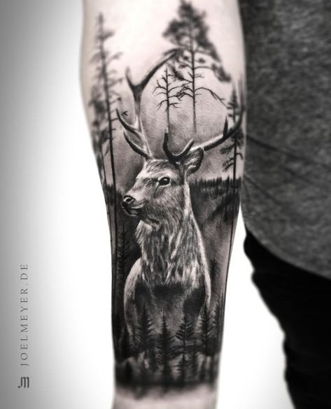 ᴊ ᴏ ᴇ ʟ ᴍ ᴇ ʏ ᴇ ʀ sur Instagram : Today was fun! 🦌🌲 • • • • • #deer #deertattoo #forest #foresttattoo #tattoo #ink #inked #tattooed #tattooartist #tattooart #art #tattoolife… Forest Tattoo Sleeve, Deer Tattoo Designs, Stag Tattoo, Tattoo Black And Grey, Hunting Tattoos, Cool Shoulder Tattoos, Animal Sleeve Tattoo, Deer Forest, Deer Tattoo