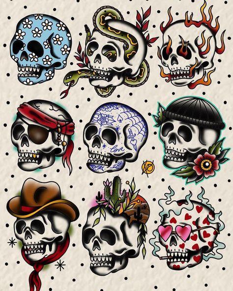 Traditional Old School Tattoos on Instagram: “What would you choose?🔥🔥🔥 Who: @number40tattoo Where:📍Longueuil, Canada 🇨🇦 ... ... ... ... #traditionalartist #traditionaltattoo…” Traditional Skull Tattoo Old School, Skull American Traditional Tattoo, Tattoo Flash Art Color, Old School Skull Tattoo Design, American Traditional Tattoos Skull, Traditional Skull Tattoo Design, Old School Skull Tattoo, Skull Tattoo Traditional, Skull Tattoo Ideas