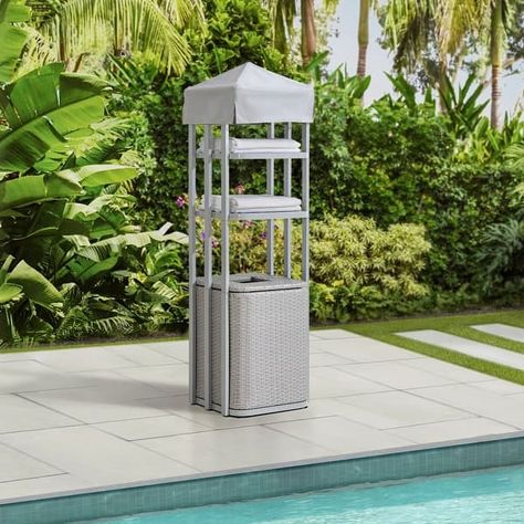 Sunjoy Pickford Pool Towel Valet Tower - Bed Bath & Beyond - 40510993 Poolside Essentials, Outdoor Towel Rack, Towel Rack Pool, Pool Storage, Hot Tub Accessories, Hot Tubs Saunas, Swimming Pool Accessories, Sauna Accessories, Tub Pools