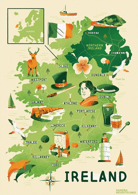 Irish Map Art, Us Map Illustration, Map Of Ireland Printable, Ireland Map Illustration, Cute Map Illustration, Old Ireland Aesthetic, Countries Illustration, Ireland Drawing, Ireland Cities