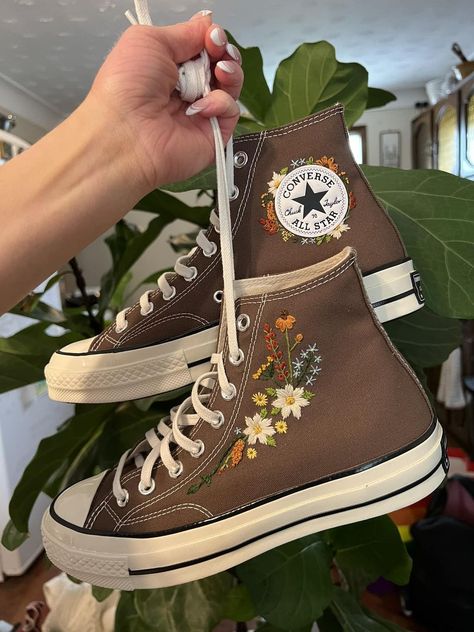 ONLY HAND EMBROIDERY & Crafters on the Tedooo app | Just finished these custom converse for someone and I'm so happy with how they turned out Converse Embroidery, Custom Converse, So Happy, Hand Embroidery, Converse, Turn Ons, Embroidery