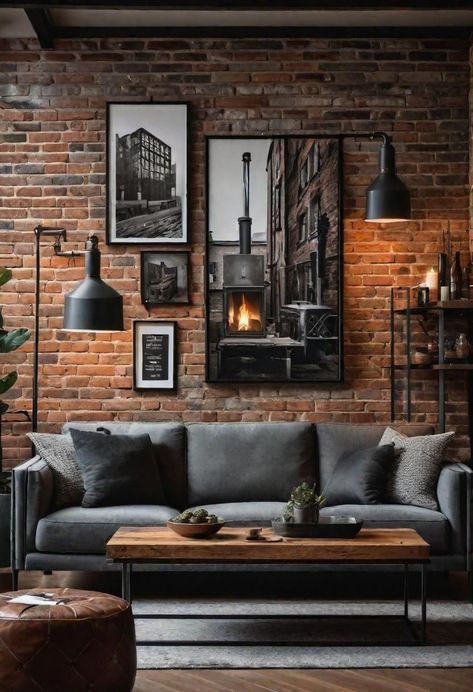 Modern Industrial Home Design, Living Room Designs Brick Wall, Brick Wall Dining Room Ideas, Dark Wood Industrial Living Room, Living Room Designs Simple, Living Estilo Industrial, Living Room Designs Dark, Living Industrial, Casual Living Room Ideas