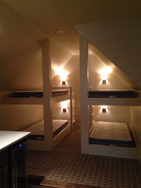 Final attic bunk beds from CJ Woodwork. Attic Bunk Room Ideas, Built In Bunk Beds Attic, Bunk Bed Rooms Slanted Ceiling, Bunk Beds In A Frame Room, Attic Trundle Bed Built Ins, Slanted Ceiling Bunk Beds, Attic Bedroom Bunk Beds, Built In Bunk Beds Sloped Ceiling, Bunk Beds With Slanted Ceiling