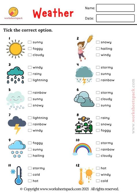 Weather Picture Quiz, ESL Vocabulary Test - Printable and Online Worksheets Pack Weather Vocabulary Worksheets, Esl Vocabulary Worksheets, Weather Pictures For Kids Free Printable, Esl Worksheets For Kids, Weather Worksheets For Kids, Tests For Kids, Weather For Kids, Quiz For Kids, Vocabulary Test