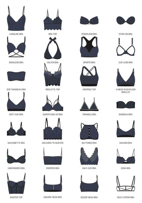 Types of bras. Big vector collection of lingerie. Set of underwear, balconette, strapless, unlined, super push-up, soft-cup, longline, sports, demi and triangle bra. Set of isolated icons with bras. Types Of Bras, Isolated Icons, Super Push Up, Vector Sketch, Longline Bra, Bra Types, Triangle Bra, Soft Cup, Strapless Bra